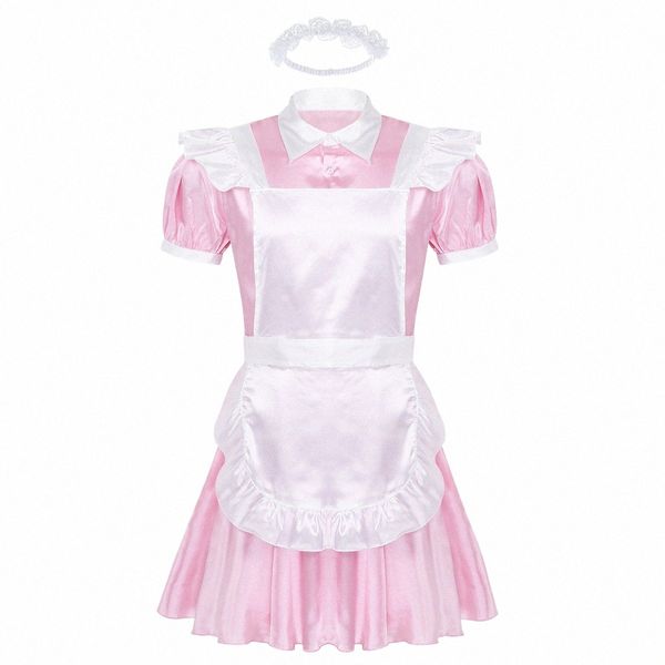 Mens Sissy Maid Cosplay Traje Puff Manga Satén Francés Apr Servant Babydoll Dr Roleplay Gay Crossdr Uniforme Ropa de dormir S22v #