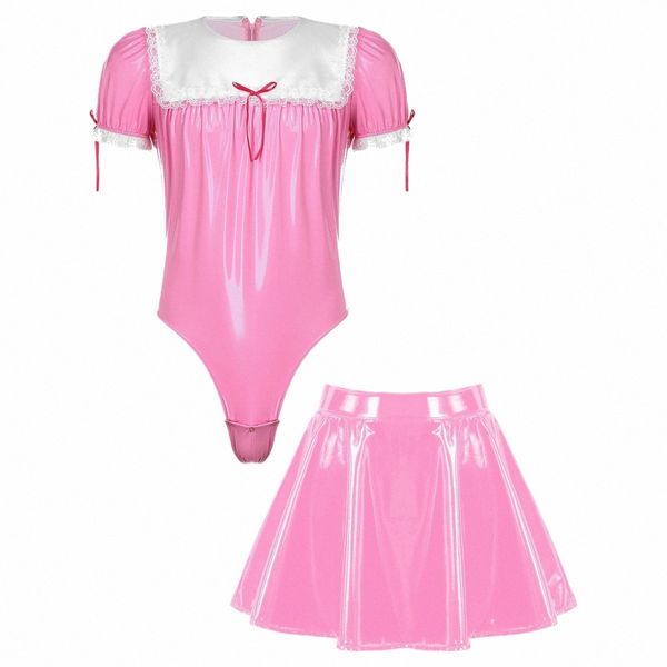 Mens Sissy Maid Cosplay Costume Wet Look Cuir Français Maid Uniformes Dentelle Body Body Évasé Mini Jupe Crossdrer Dr Up 18bO #