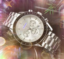 Heren Zes naald Lumious Quartz Horloge Stopwatch Mechanisch Automatisch uurwerk Luxe chronograaf Klok Solide fijne roestvrijstalen band Grote wijzerplaat Horloges Geschenken