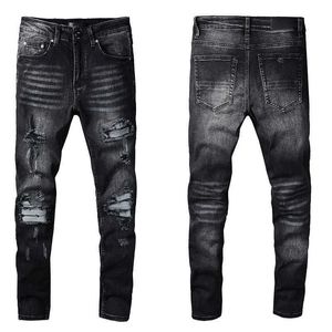 Heren Skinny Fits gescheurd jeans zwart voor jongens knie met grijze patch slanke broek dragen bijgesneden motor splitsen rek van noodlijdende motor trendy