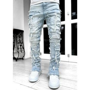 Heren skinny jeans franje hiphop ruwe rand elastische patch punk rock lange strakke pasvorm gestapelde jeans denim broek blauw roze streetwear 240304