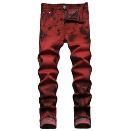 Mens Skinny Jeans Stretch Tie Dye Red Street Fashion Designer Jean Casual Pencil Pants