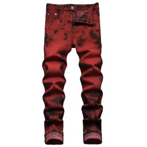 Heren Skinny Jeans Stretch Tie Dye Red Street Fashion Personality Designer Jean Casual Pencil Pants