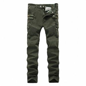 Hommes Skinny Ripped Biker Jeans Zipper Multi Poches Cargo Armée Vert militaire Hip Hop Hommes Plissé moto jeans Dropship 83K1 #