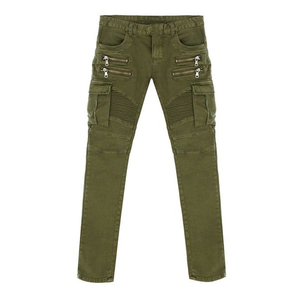 Mens Skinny Runway Distressed jeans élastiques slim hiphop Washed Green Black Zipper Pockets Denim Biker Pencil Jeans solides X0621