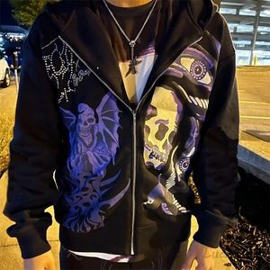 Heren Skull Purple Print Streetwear Oversized hoodie Heren Jacket Goth Harajuku Y2K Kleding Grunge Zip Hoodie 220725