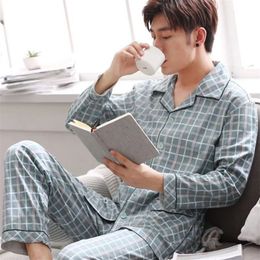 Mens slaapkleding 100% katoen pijama voor mannen 2 stuks lounge pyjama's plaid lente beddbeddekte huiskleding man pjs pure pyjama's set 220914