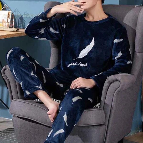 Velles pour hommes Automne Flanlle d'hiver Boy Thermal Velvet Feather Imprime Pyjama SetS Casual Pjams Malles Loungewear Pyjamas Nightwear