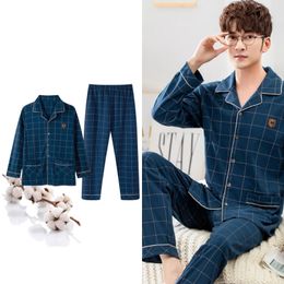 Mens slaapkleding Big Size M-4XL Autumn HQ Cotton Gentleman Men Pyjamas Pyjamas Sets Rapel Night Suits Pijamas Homewear PJ 230320