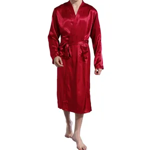 Mens slaapkleding mannen massieve kleur zijden satijnen gewaden pyjama's lange mouw kimono man mannelijke badjas loungewear dressing nachthoofd