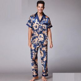 Heren nachtkleding Retro Fashion V-hals Pyjama met korte mouwen Zachte gladde nep zijden pyjama voor mannen met L Xl Xxl afdrukken Sy018 Drop Deliv Dhdzw