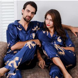 Mens Sleepwear Tweede stuk PJ's PAKS SATIN MENS PAJAMAS SET Casual Lovers Lounge Wear Soft Nightwear Pyjama's Print Dragon Home Deskleding T221103