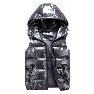 Veste sans manches pour hommes Mode Brillant Gilet Hiver Chaud Capuche Poches Coton Rembourré Mari Rouge Noir Automne Down Gilet Mâle 211222