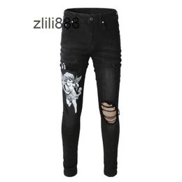 Mens Slim Fit Hollow Frayed Gole Jeans Printing Letters Angel Patroon Gedrukte Skinny denim broek broek Manner