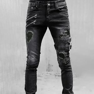 Mens Slim Fit Mid-Rise Lignet Casual Ripped Jeans pantalon avec Pocket à foyer à la mode pantalon 240417