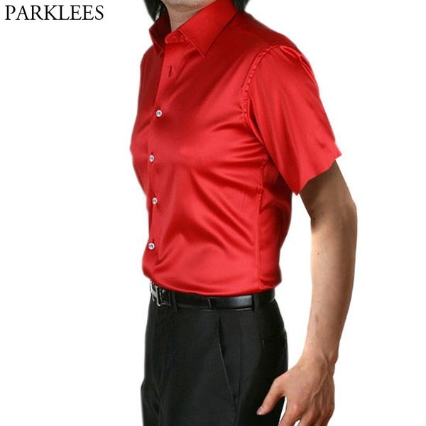 Mentes Slim Fit Short Silk Shirt Satin Smooth Men Smooth Tuxedo Shirt Business Male Casual Social Shirt Chemise 210522