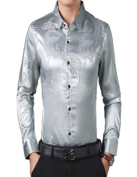 Hommes Slim Fit soie robe chemise 2019 Satin hommes smoking chemise chinois Dragon imprimé mâle décontracté Camisa Social Masculina 4XL1654511