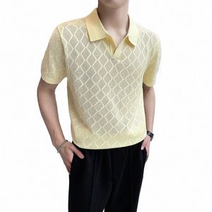 Polo tricoté évidé à col en V pour hommes avec revers, chemise de golf à manches courtes pour hommes, tee-shirt Homme, Camiseta Masculina 60Fg #
