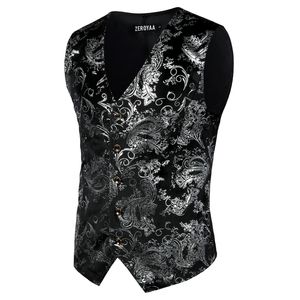 Mens Sliver Metallic Paisley Print Vest Breasted V-hals Pak Vest Tuxedo Vaillon Gothic Aristocraat Steampunk Victoriaanse Gilet 210522