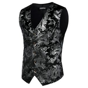 Mens Sliver Metallic Paisley Print Vest Breasted V-Neck Suit Vest Tuxedo Gilet Gothique Aristocrate Steampunk Victorien Gilet 220725