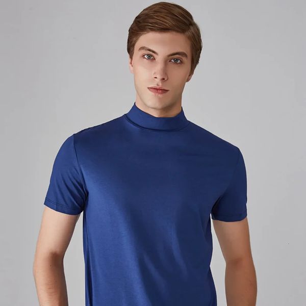 Hommes petit col haut manches courtes t-shirt col roulé couleur unie Look quotidien manches courtes chemise à bascule coupe ajustée 240304