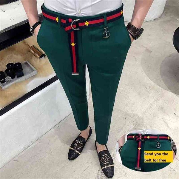 Pantalones sociales para hombre Pantalones blancos de estilo británico Vestido de oficina verde Slim Fit Tight Red Club Pink 210715