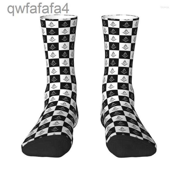 Calcetines para hombre Moda Masonic Freemason Patrón a cuadros para hombres Mujeres Estiramiento Verano Otoño Invierno Blanco y negro Plaid Crew SV05