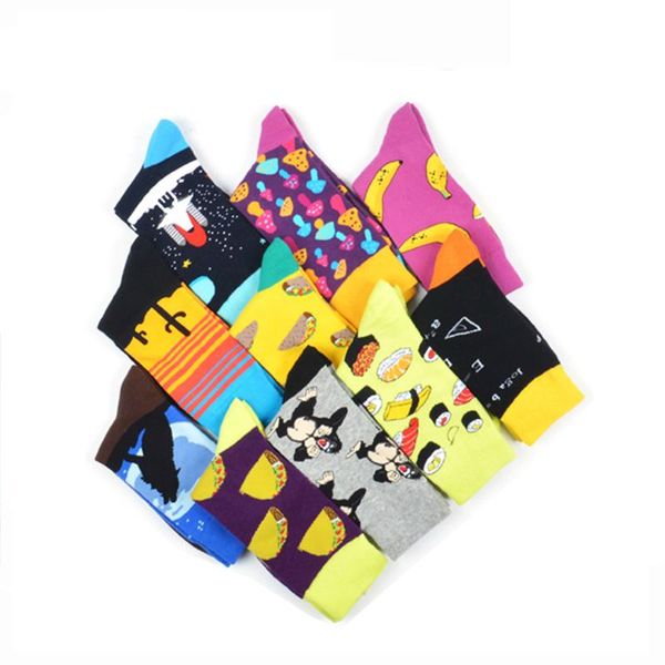 Chaussettes pour hommes hommes drôle dessin animé flamant chien guitare Hamburger imprimé léopard rayure Happy Skate Harajuku Street Style Hip Hop coton SockMens