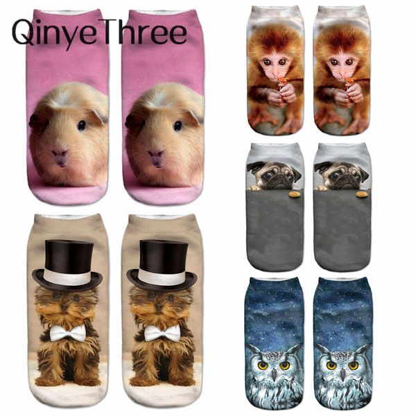 Chaussettes pour hommes nouvelles femmes imprimées 3D unisexes mignonnes chaussettes à cheville basse coupées couleurs mtiples décontractées hamster drôle chien chat singe hibou sokken drop del smtvc