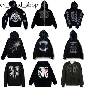 Hommes Sp5der Sweats à capuche Strass Toile d'araignée Squelette Imprimé Noir Y2k Goth Manches longues Fermeture éclair Veste surdimensionnée American Fashion Essentialshoodie 95 47