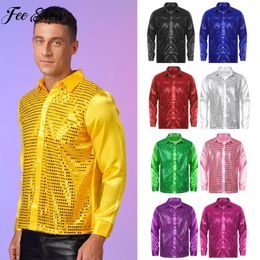 Camisa de baile con lentejuelas brillantes para hombre Ropa de baile de jazz latino disfraz de escenario actuación cuello vuelto camisetas de retazos de manga larga 240223