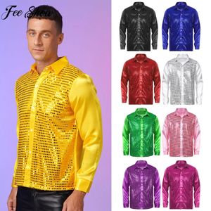 Heren Sparkly Sequin Dance Shirt Latin Jazz Dancewear Stage Performance Kostuum Turn-Down Kraag Lange Mouw Patchwork Tops 240223