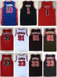 Mens Sport Jersey Borduurwerk 1 # Derrick Rose Jersey The Worm 91 # Dennis Rodman 33 # Scottie Pippen Jersey Red White Black Shirts Steek