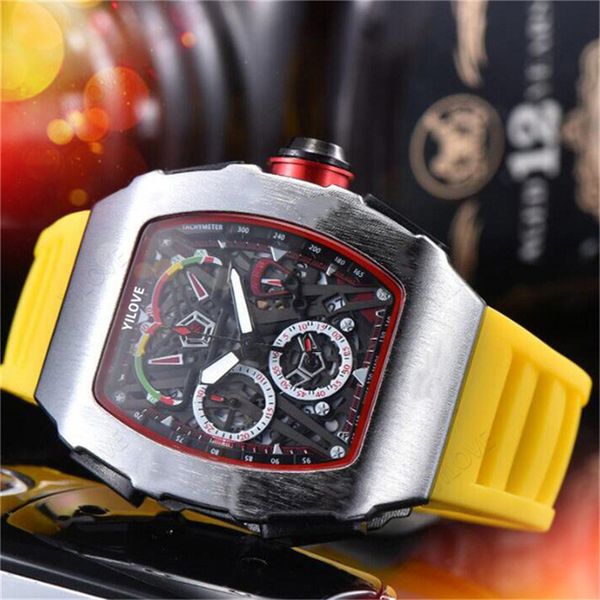 Mens Sports Style 43mm Montre Calendrier Quartz Mouvement Importé Horloge Noir Jaune Bracelet En Caoutchouc Étanche Boîtier En Acier Inoxydable Mission Runway Montres-bracelets