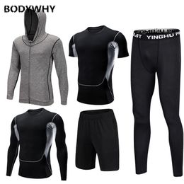 Mens Sportswear 5 Pcs / Set Gym Fitness Vêtements Hommes Running Jogging Homme Survêtement Compression Sports Wear pour Workout Sport Suits 201116