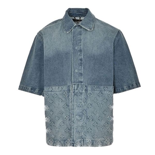 Hommes Printemps Mode Denim Top Pierre Blanchi Indigo Lavé À Manches Courtes Denim Chemise De Travail Polyvalent Estival Couche Extérieure Chemises Homme 1ABLDH