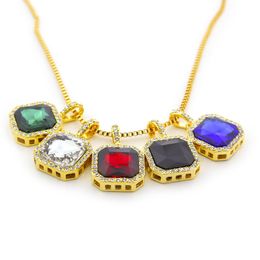 Collier pendentif rubis carré pour hommes, chaîne en boîte en or pour hommes, mode Hip Hop, bijoux