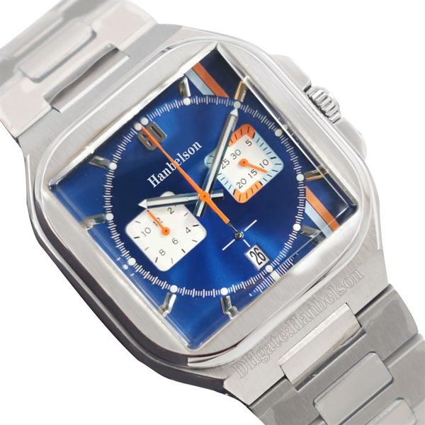 Montre carrée pour homme baie japon VK chronographe mouvement à quartz visage bleu aiguilles orange bracelet en métal 39mm montre-bracelet2269