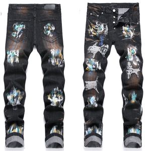 Heren gestapelde jeans Ripper Denim lange broek Skinny fit Slim heren stretch Biker Jean Distressed Designer Patchwork broek Patten Geschilderd maat 29-38 Zwart