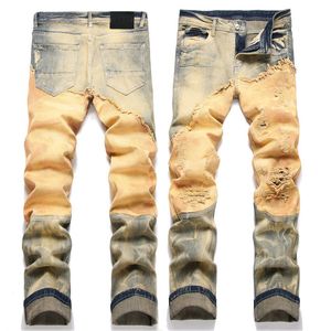 Jeans empilés pour hommes Ripper Denim Pantalons longs Coupe skinny Slim Jean de motard extensible pour hommes Pantalon patchwork de créateur en détresse Jaune