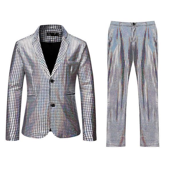 Hommes Stage Bal Costumes Silver Plaid Sequins Veste avec Pantalon Dance Festival Noël Halloween Suit costume Homme Costume Homme XL X0909