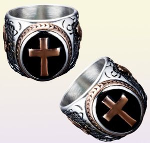 Bague croix médiévale celtique en acier inoxydable pour hommes, punk, anneaux de roche, argent noir, taille 71312934845936387