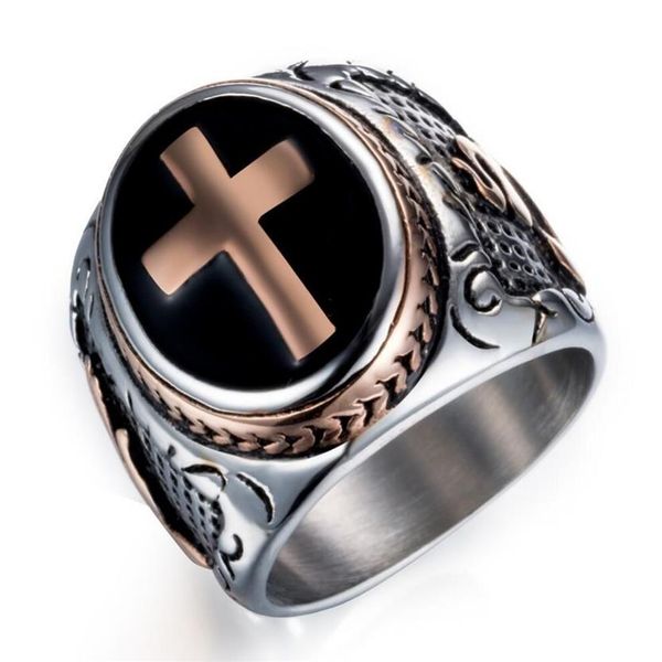 Bague croix celtique médiévale en acier inoxydable pour hommes, Punk, anneaux Rock, argent et noir, taille 7-13205P