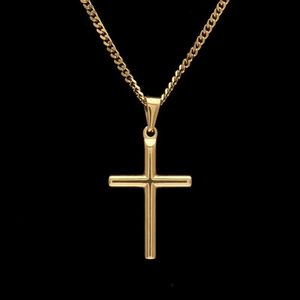 Collier pendentif croix en acier inoxydable pour hommes avec chaîne à maillons cubains de 60 cm ou chaîne de boîte plaquée or nouveaux colliers hip hop de mode Jewe256M