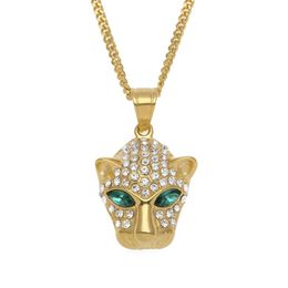 Pendentif tête de léopard en acier inoxydable pour hommes, doré, glacé, strass scintillant, cristal, Animal, mode Hip Hop, bijoux 2540