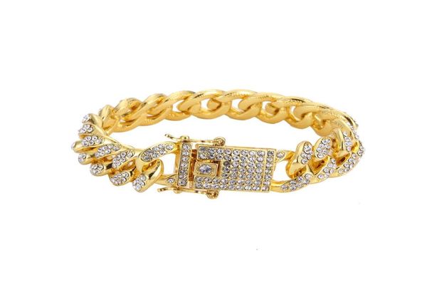 Pulsera de cadena de eslabones de acero inoxidable para hombre, Color dorado y plateado, doble cierre magnético de seguridad, diamantes de imitación completos, joyería de moda Hip Hop para hombres 9872495