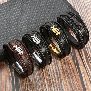 Hommes en acier inoxydable fermoir de poisson bracelet os bracelet marron multiprices en cuir tressé bracelets bracelets bracele