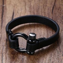 Pulsera de cuero con grilletes Ancla de acero inoxidable para hombre, brazalete de surfista marinero náutico negro, joyería masculina 156b