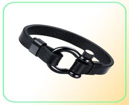 Bracelet en cuir à vis en acier inoxydable pour hommes, manilles Ancla en noir, bracelet de surf marin nautique, bijoux masculins 9885165