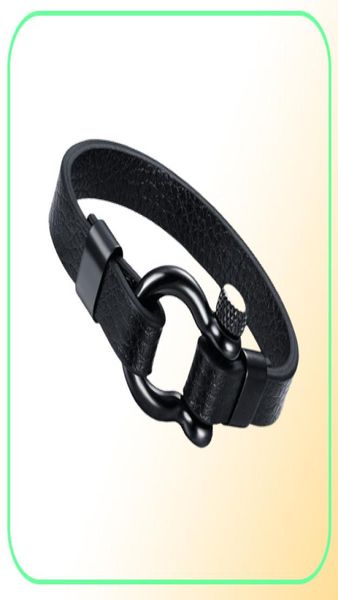 Vis en acier inoxydable pour hommes Post Ancla Bracelet en cuir de chaînes en bracelet en bracelet en bracelet de navigateur marin noir